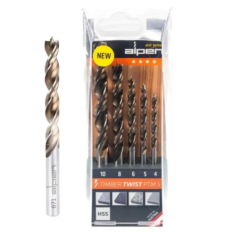 Akční Cena Strojní HSS spirálové vrtáky do dřeva pr. 3 ÷ 10 mm Alpen TIMBER TWIST PTM 5 (Sada 5 dílů) (ALPEN0067100005100)