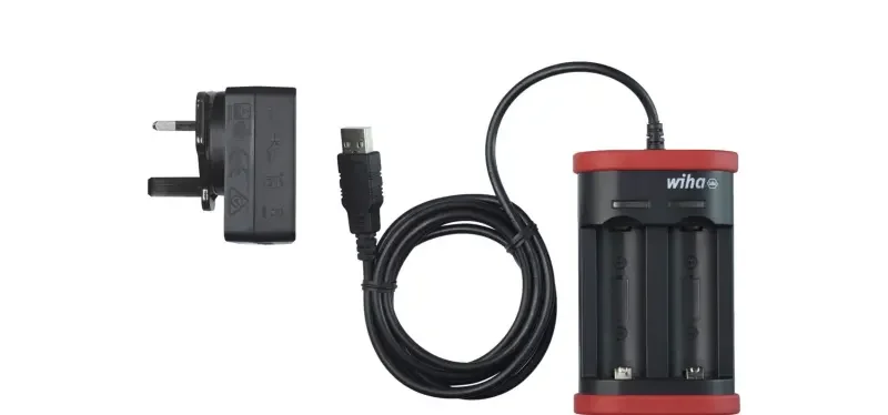 Vysoce Kvalitní Aku nabíječka Wiha pro Aku 18500 Li-Ion (599001), 2x nabíjecí slot, USB konektor + britská zástrčka (UK), 42766 (WIHA42766)